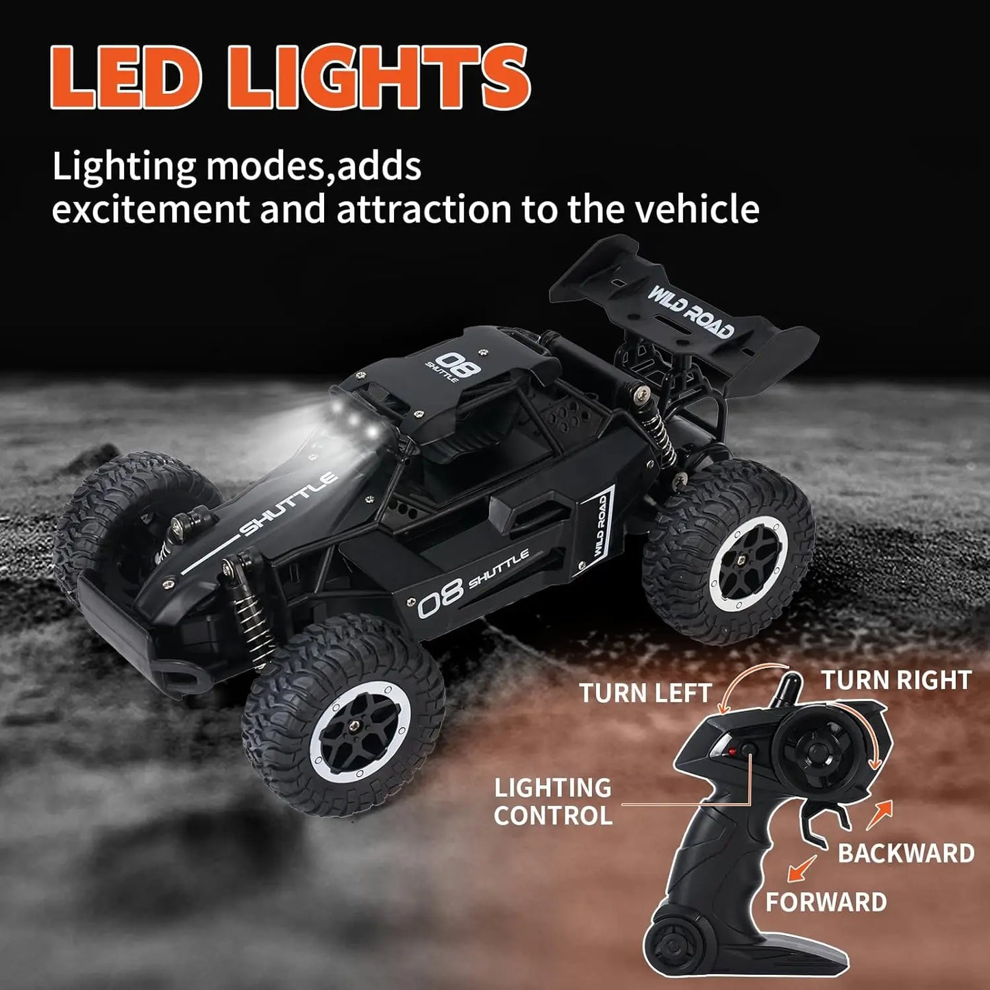 1:16 Scale 2WD High Speed Off-Road RC Car, 2.4GHz Remote Control Truck with LED Lights, Climbing Vehicle Toy for Kids and Adults, Outdoor Racing Gift