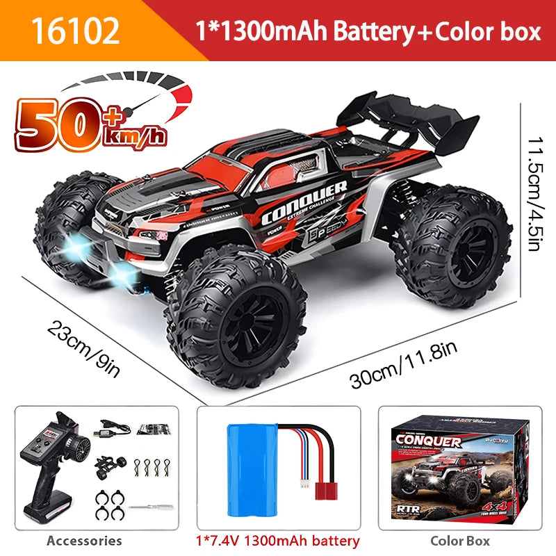 1:16 Scale 4WD RC Car – 70KM/H High Speed Remote Control Drift Truck with LED Lights, 4x4 Monster Racing Car Toy for Kids, Compatible with Wltoys 144001