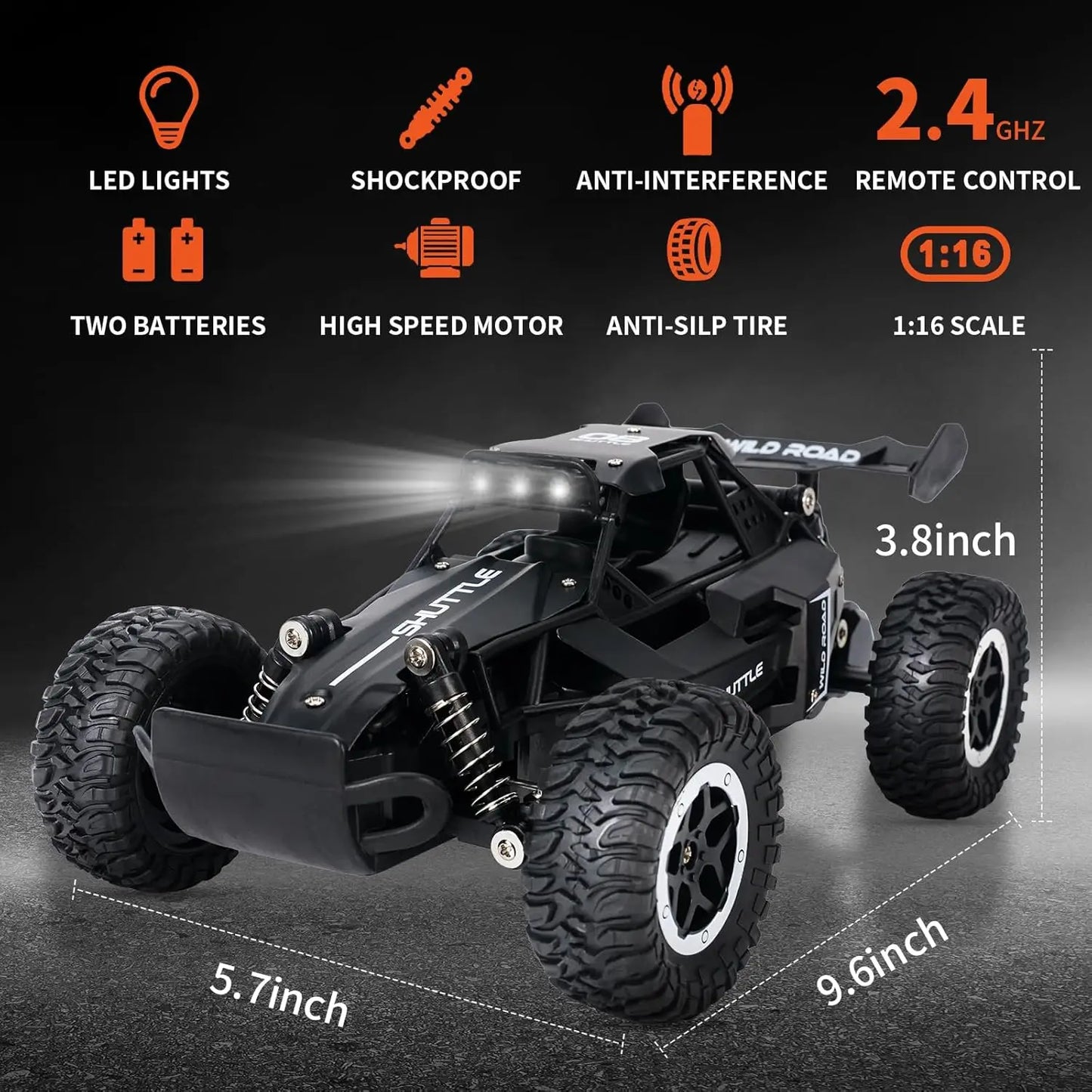 1:16 Scale 2WD High Speed Off-Road RC Car, 2.4GHz Remote Control Truck with LED Lights, Climbing Vehicle Toy for Kids and Adults, Outdoor Racing Gift