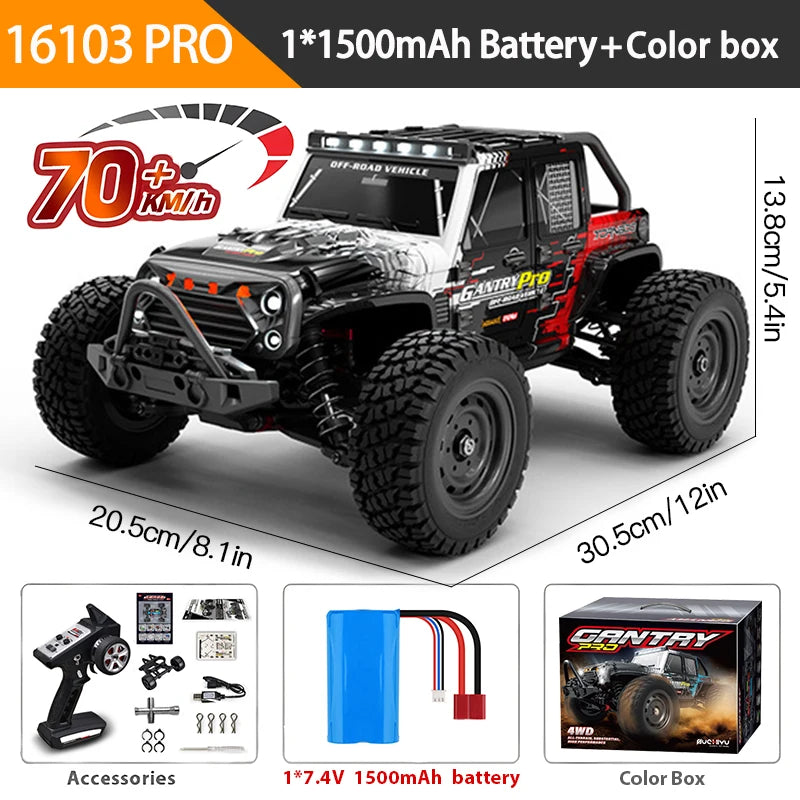 1:16 Scale 4WD RC Car – 70KM/H High Speed Remote Control Drift Truck with LED Lights, 4x4 Monster Racing Car Toy for Kids, Compatible with Wltoys 144001