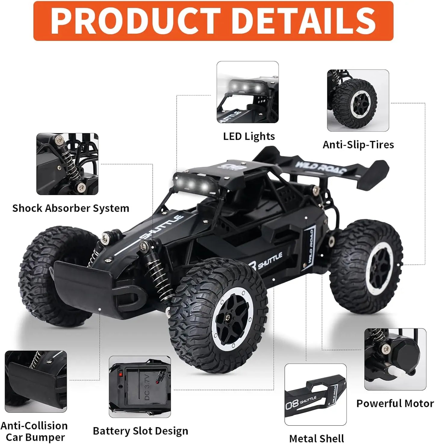 1:16 Scale 2WD High Speed Off-Road RC Car, 2.4GHz Remote Control Truck with LED Lights, Climbing Vehicle Toy for Kids and Adults, Outdoor Racing Gift