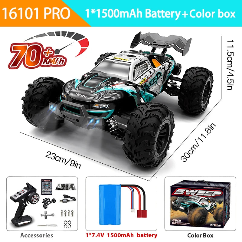 1:16 Scale 4WD RC Car – 70KM/H High Speed Remote Control Drift Truck with LED Lights, 4x4 Monster Racing Car Toy for Kids, Compatible with Wltoys 144001